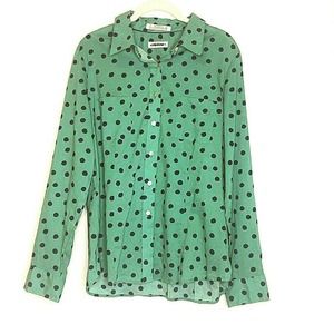 Orvis Button Up Shirt Cotton Green Polka Dot